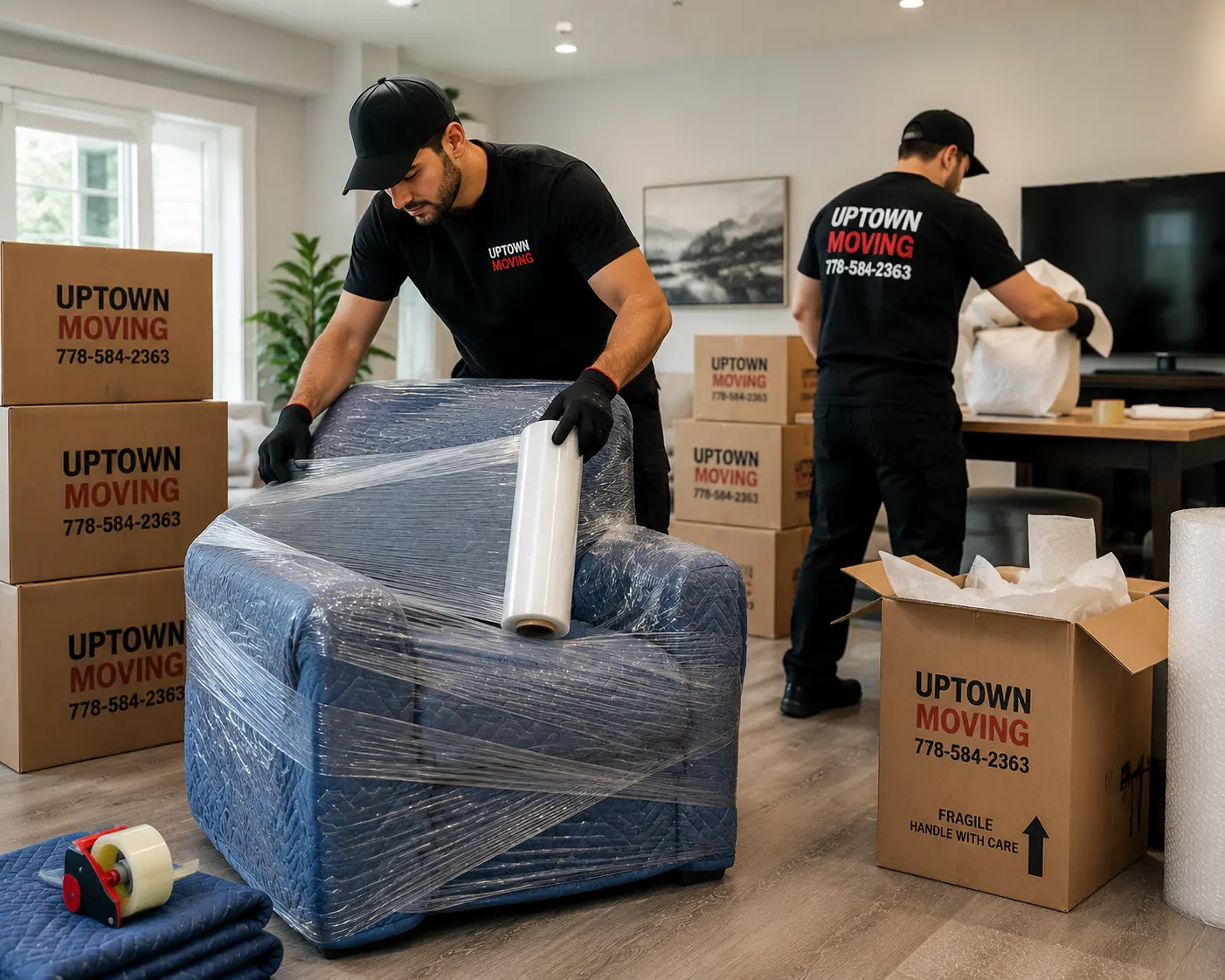 Professional Uptown Moving crew packing and protecting furniture in Victoria